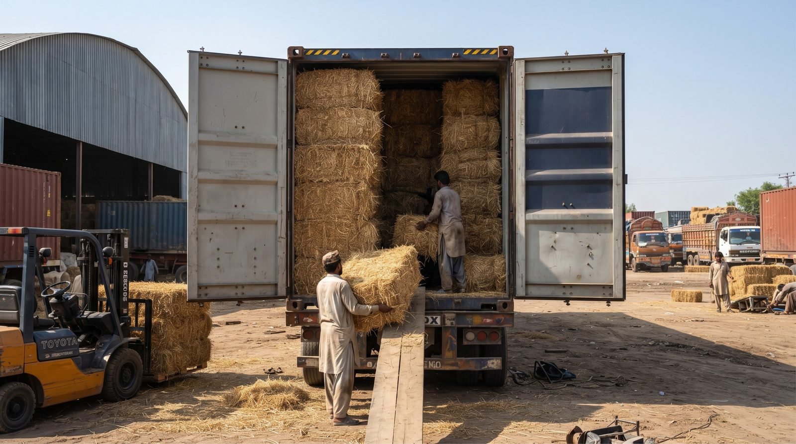 Wheat straw bales prepared for export loading
